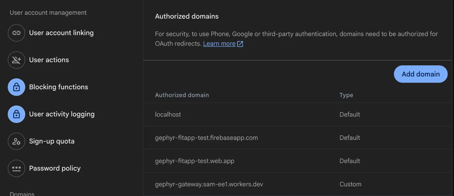 Firebase Authentication settings with Gephyr’s address added as a custom authorized domain
