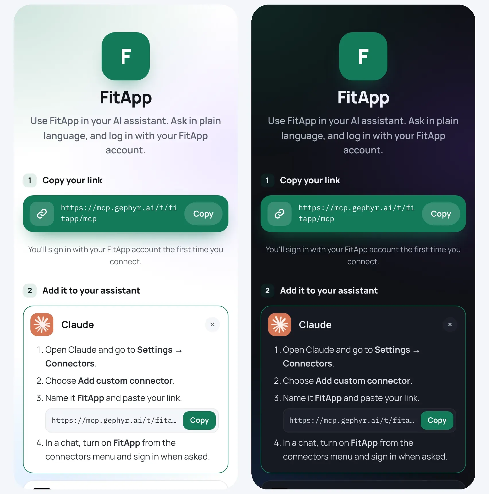 FitApp’s setup page on a phone: its logo and name, the link with a Copy button, and the steps for Claude. Light on the left, dark on the right.