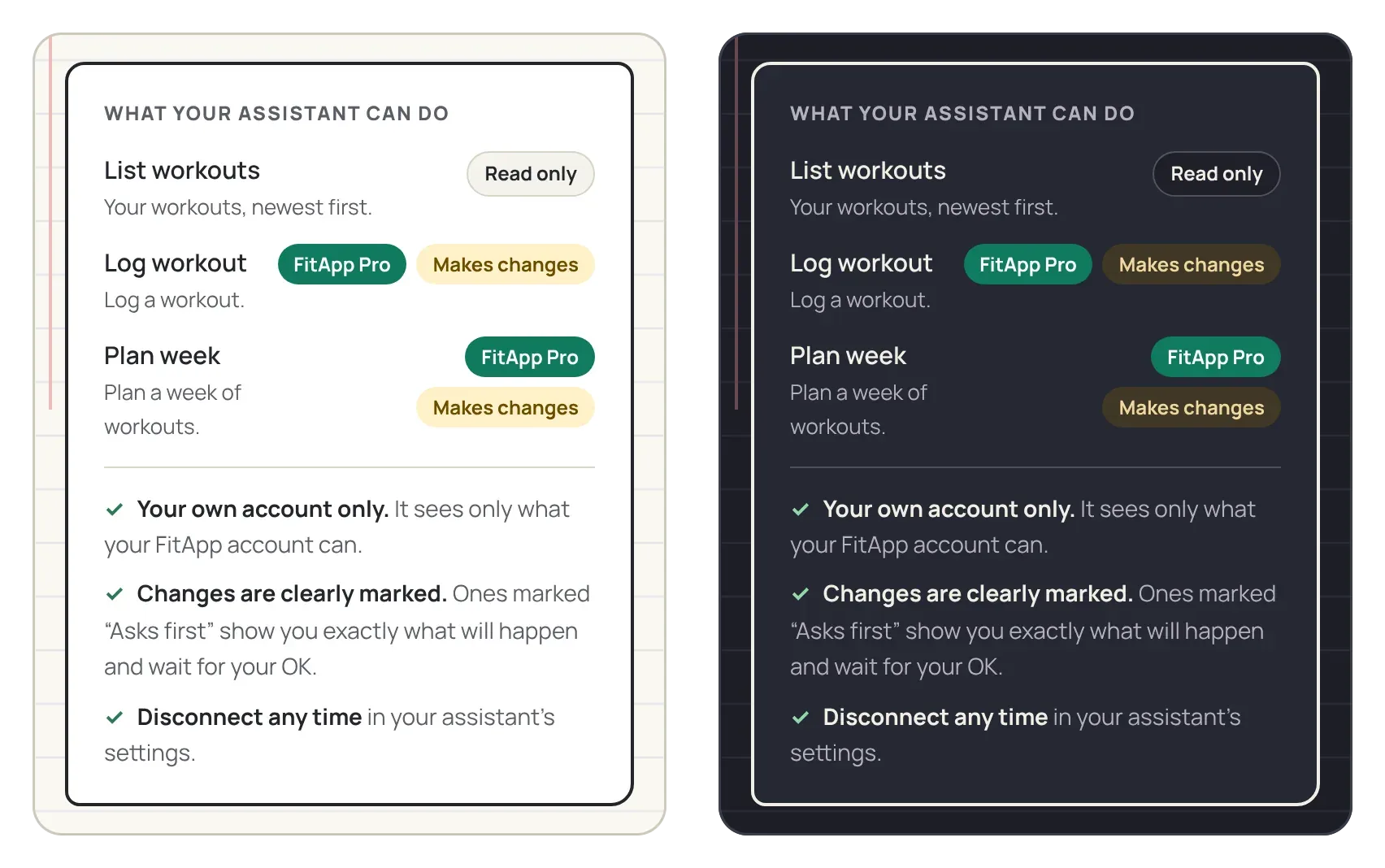 The setup page’s list of actions, in light and dark: Log workout and Plan week carry a FitApp Pro badge, List workouts doesn’t