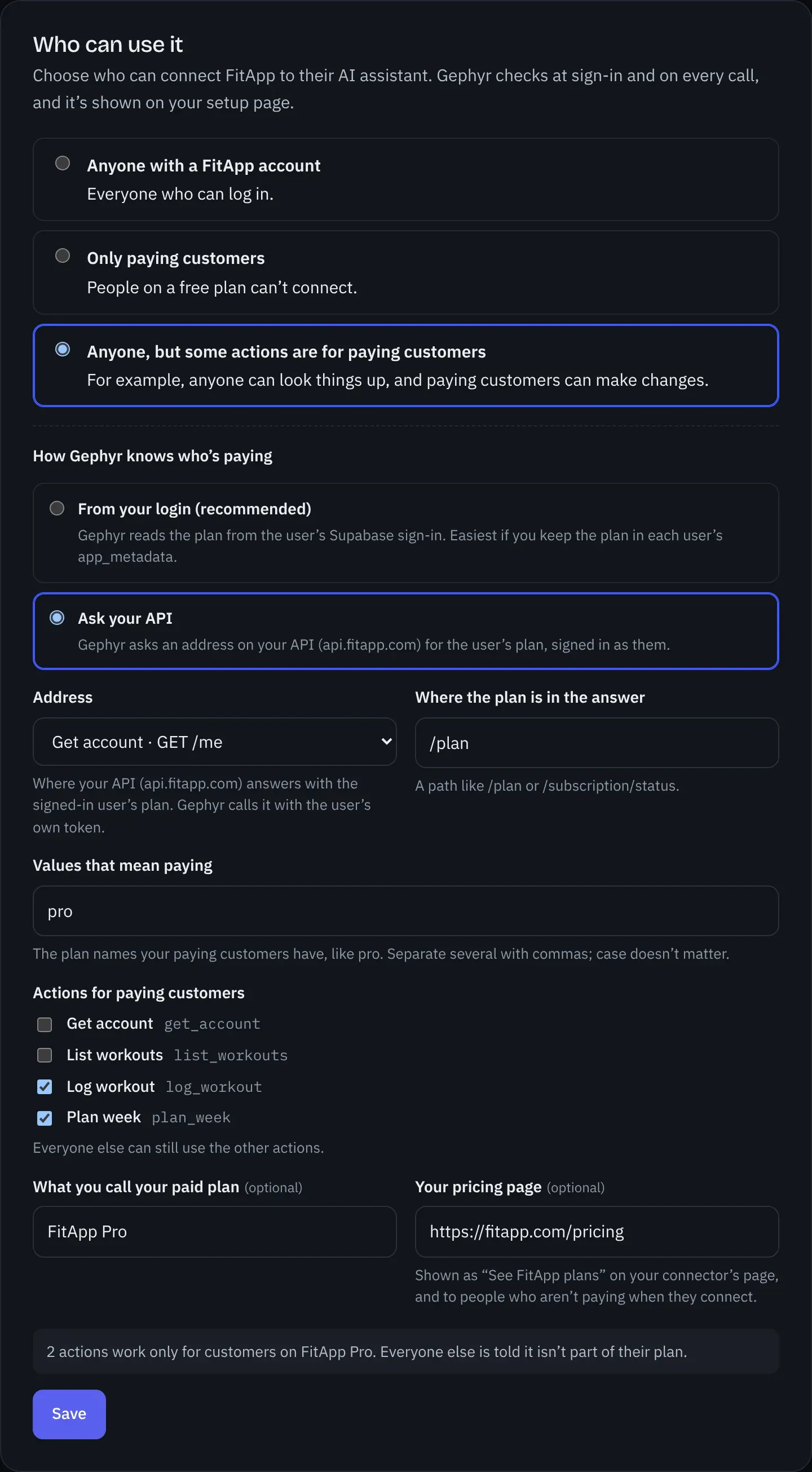 Some actions for paying customers: Log workout and Plan week are ticked, and Gephyr asks FitApp’s API at GET /me, picked from a list of FitApp’s own addresses, and reads the plan at /plan